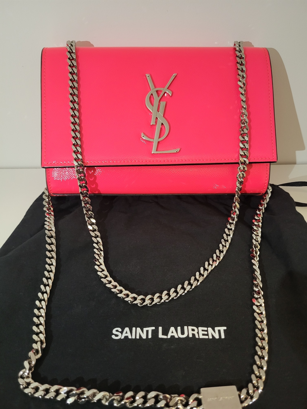Saint Laurent Neon Pink YSL Silver Chain Shoulder Bag. Authentic.